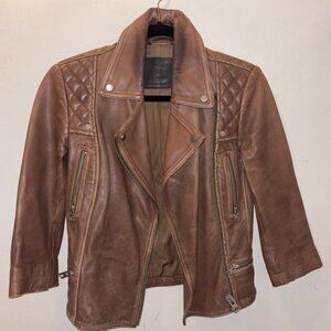 Pre-loved All Saints Summer Cropped Cargo Leather Jacket! Tan Size 0!